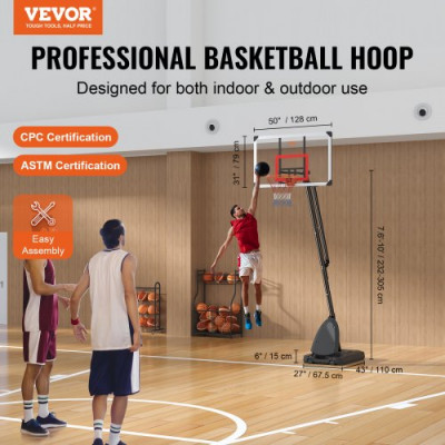 VEVOR Canasta de Baloncesto para Exterior/Interior Portátil Altura Ajustable de 232-305 cm Tablero de 128 cm con Soporte con Ruedas y Base Ponderada para Adultos y Niños, Entrenamiento de Baloncesto