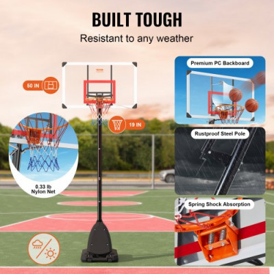 VEVOR Canasta de Baloncesto para Exterior/Interior Portátil Altura Ajustable de 232-305 cm Tablero de 128 cm con Soporte con Ruedas y Base Ponderada para Adultos y Niños, Entrenamiento de Baloncesto