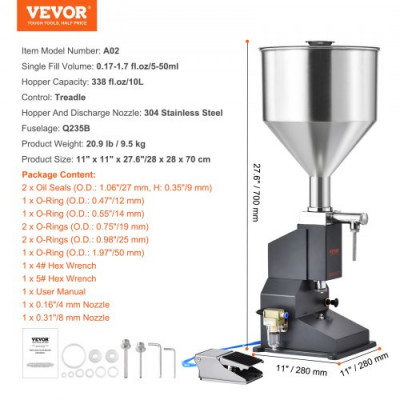 VEVOR Máquina de Llenado de Líquidos Pasta Neumática Llenadora de Botellas de Acero Inoxidable de 5-50 ml con Pedal para Leche, Agua, Zumo, Aceite Esencial, Champú, Miel, Loción Cosmética