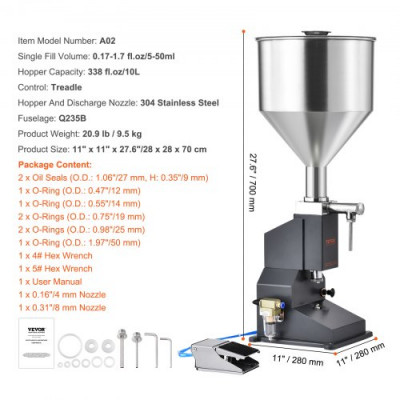 VEVOR Máquina de Llenado de Líquidos Pasta Neumática Llenadora de Botellas de Acero Inoxidable de 5-50 ml con Pedal para Leche, Agua, Zumo, Aceite Esencial, Champú, Miel, Loción Cosmética