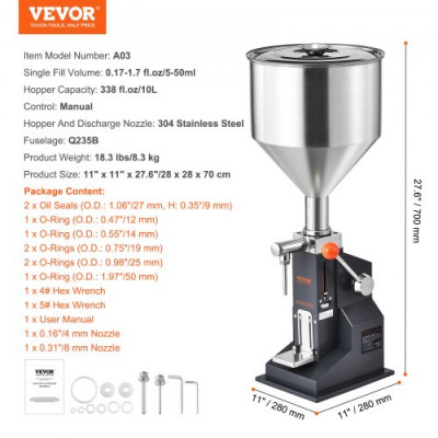 VEVOR Máquina de Llenado de Líquidos Pasta Manual 5-50 mL Llenadora de Botellas Ajustable de Acero Inoxidable con Tolva para Leche, Agua, Zumo, Aceite Esencial, Champú, Miel, Crema Cosmética