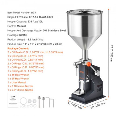 VEVOR Máquina de Llenado de Líquidos Pasta Manual 5-50 mL Llenadora de Botellas Ajustable de Acero Inoxidable con Tolva para Leche, Agua, Zumo, Aceite Esencial, Champú, Miel, Crema Cosmética