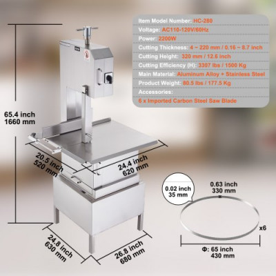 VEVOR Sierra Eléctrica Comercial para Huesos de Carnicero 2200 W Máquina Cortadora de Huesos 1500 kg/h Cortadora Eléctrica para Carne Congelada Mesa de Trabajo 620x520 mm para Supermercado Restaurante