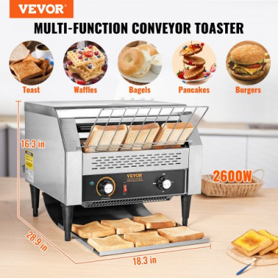 VEVOR Tostadora Transportadora Comercial 450 Rebanadas por Hora Tostadora de Acero Inoxidable 2600W 7 Configuraciones de Velocidad con Bandeja para Migas Bollos Hamburguesa Panadería Restaurante Hotel