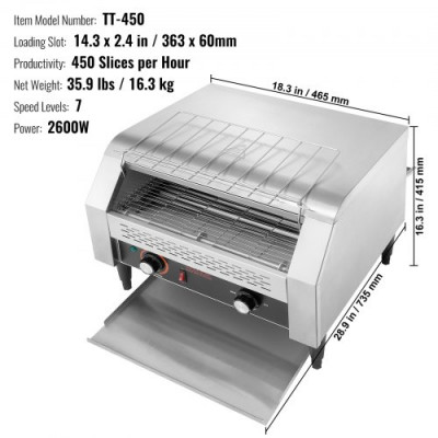 VEVOR Tostadora Transportadora Comercial 450 Rebanadas por Hora Tostadora de Acero Inoxidable 2600W 7 Configuraciones de Velocidad con Bandeja para Migas Bollos Hamburguesa Panadería Restaurante Hotel