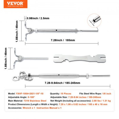 VEVOR Kit de barandilla de cable de ángulo ajustable de acero inoxidable T316 de 1/8