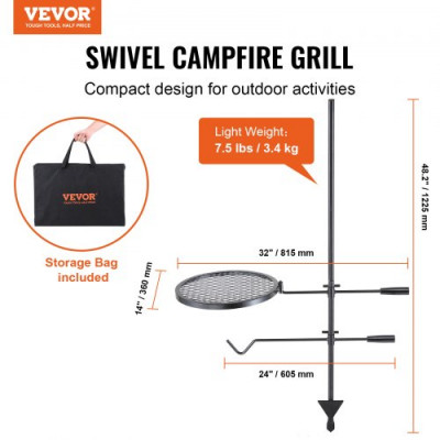 VEVOR Parrilla Giratoria para Fogatas Altura Ajustable 122,5 cm Parrilla Portátil de Acero Malla Diamantada de 36x36 cm Capacidad de Carga de 6kg para Fogatas de Campamento para Barbacoa al Aire Libre