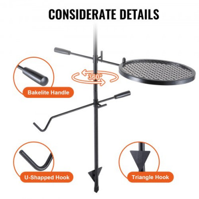 VEVOR Parrilla Giratoria para Fogatas Altura Ajustable 122,5 cm Parrilla Portátil de Acero Malla Diamantada de 36x36 cm Capacidad de Carga de 6kg para Fogatas de Campamento para Barbacoa al Aire Libre