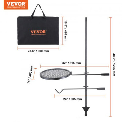 VEVOR Parrilla Giratoria para Fogatas Altura Ajustable 122,5 cm Parrilla Portátil de Acero Malla Diamantada de 36x36 cm Capacidad de Carga de 6kg para Fogatas de Campamento para Barbacoa al Aire Libre