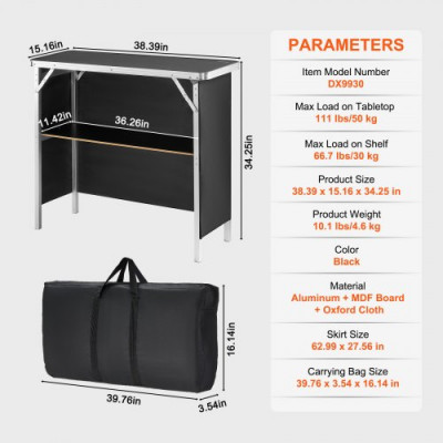 VEVOR Mostrador para stand de feria, mesa de bar plegable portátil de 97,5 x 38,5 x 87 cm de largo con bolsa de transporte, estante de almacenamiento y falda negra para fiestas, pícnic, exposiciones