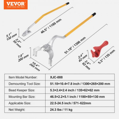 VEVOR Herramienta de Desmontaje de Neumáticos 571-622mm Barra de Acero para Cambiar Neumáticos Montaje Desmontaje Manual 3 Herramientas para Cambiar Neumáticos Taloneras para Camiones Coches, Amarillo