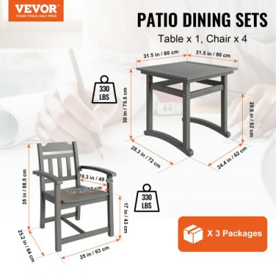 VEVOR Juego de Comedor para Patio de 5 Piezas, Mesa y Sillas Cuadradas para Exteriores, Juegos de Mesa para Muebles de Jardín para Todo Clima, Juego de Conversación para Patio Pequeño HIPS, para Céspe