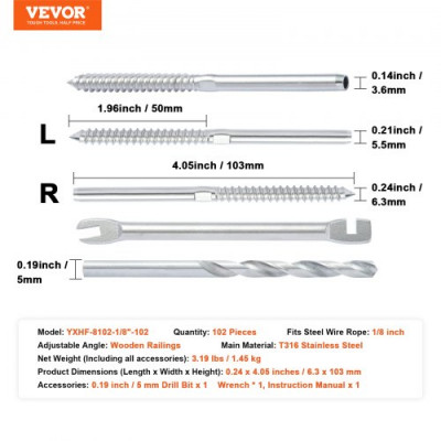 VEVOR Terminales de montaje de extremo de tensión para barandilla de cable de 1/8