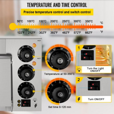 Horno de Pizza Eléctrico 2000W Horno de Acero Inoxidable 56 x 47,5 x 26,5 cm Tostador para Pizza 122-662 ℉ para Cocinar Pizza, Sándwiches, Pretzels, Plato Horneado, Patata, Pan, Pastel, Tarta