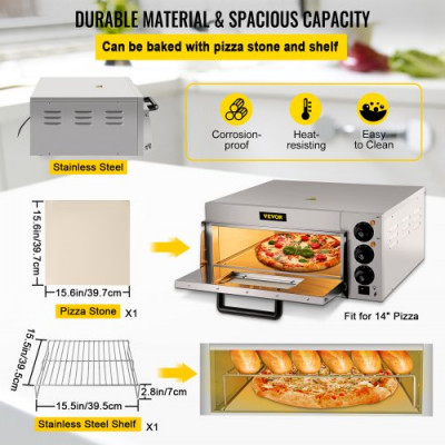 Horno de Pizza Eléctrico 2000W Horno de Acero Inoxidable 56 x 47,5 x 26,5 cm Tostador para Pizza 122-662 ℉ para Cocinar Pizza, Sándwiches, Pretzels, Plato Horneado, Patata, Pan, Pastel, Tarta