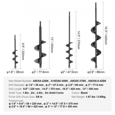 VEVOR Taladro 4PCS Taladro de Plantación φ38/47,5/66/77,6 mm Broca de Jardín Taladro en Espiral de Acero PCM Brocas de Jardinería para Taladro Hexagonal de 9,53 mm Agujeros de Plantación y Excavación