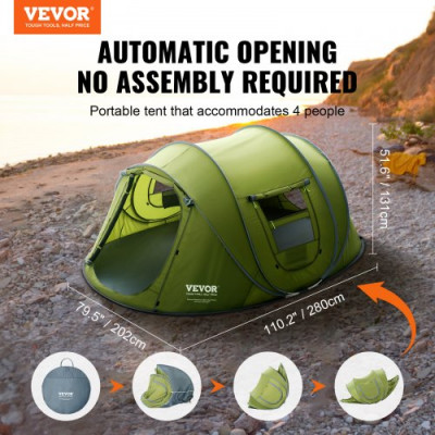 VEVOR Tienda de Campaña para Senderismo 280x202x131 cm para 4 Personas Impermeable Instalación Fácil con Puerta y Ventana para Camping al Aire Libre, Senderismo, Caza, Viajes de Montañismo, Verde