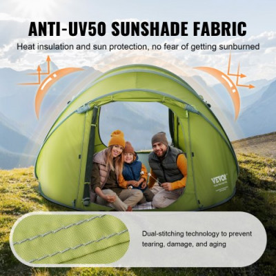 VEVOR Tienda de Campaña para Senderismo 280x202x131 cm para 4 Personas Impermeable Instalación Fácil con Puerta y Ventana para Camping al Aire Libre, Senderismo, Caza, Viajes de Montañismo, Verde