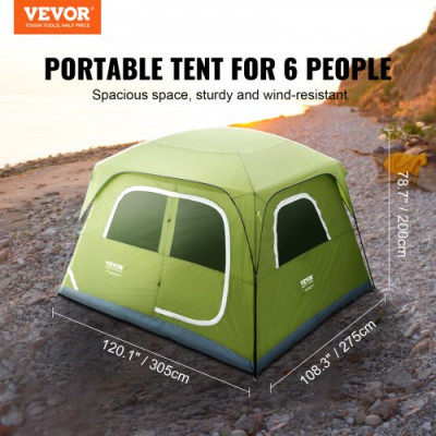 VEVOR Tienda de Campaña para Senderismo 305x275x200cm Tienda de Camping para 6 Personas Carpa para Acampar Ligera Impermeable con Puerta Ventana Instalación Fácil para Camping de Familia al Aire Libre