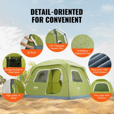 VEVOR Tienda de Campaña para Senderismo 305x275x200cm Tienda de Camping para 6 Personas Carpa para Acampar Ligera Impermeable con Puerta Ventana Instalación Fácil para Camping de Familia al Aire Libre