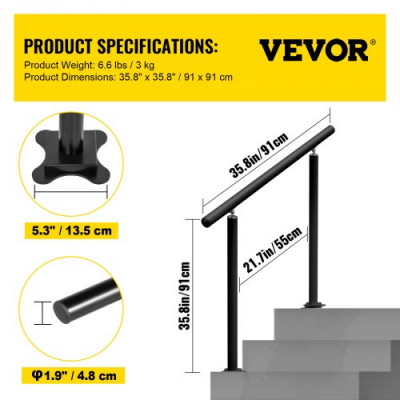 Pasamanos de Escalera Longitud 91,4 cm, Barandilla de Escalera Altura 86,4 cm, Pasamanos para Aire Libre con Espesor de 2 mm, Pasamanos para Exteriores e Interiores, Rango Ajustable Color Negro