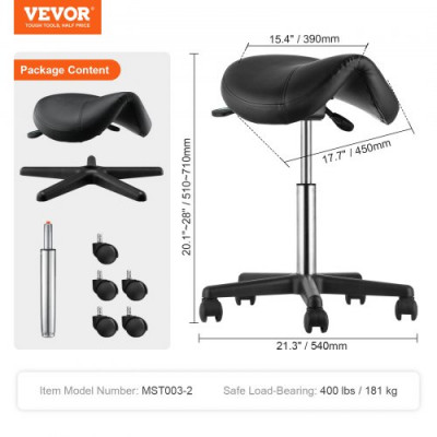 VEVOR Taburete de Oficina Carga 181 kg Taburete con Ruedas Rotación de 360° Altura Ajustable 51-71 cm Taburete Ergonómico con Sillín Cojín Grueso 39x45x6 cm Superficie de PU para Salón Oficina Clínica