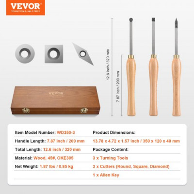 VEVOR Herramientas de Torneado de Madera 3 PCS Herramientas de Torno de Madera con Cortador de Carburo de Diamante Cuadrado Redondo con Asas Cómodas Caja 200mm 395x150x80mm Herramientas de Carpintería