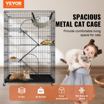 VEVOR Jaula para Gatos 4 Niveles 90x60x133 cm Jaula Grande con Ruedas Bloqueables Giratoria 360° Recinto Interior de Hierro Desmontable 3 Escaleras 1 Hamaca para 1-3 Gatos Pequeños Animales Conejos