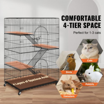 VEVOR Jaula para Gatos 4 Niveles 90x60x133 cm Jaula Grande con Ruedas Bloqueables Giratoria 360° Recinto Interior de Hierro Desmontable 3 Escaleras 1 Hamaca para 1-3 Gatos Pequeños Animales Conejos