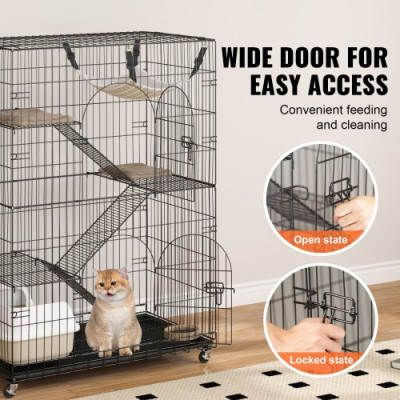 VEVOR Jaula para Gatos 4 Niveles 90x60x133 cm Jaula Grande con Ruedas Bloqueables Giratoria 360° Recinto Interior de Hierro Desmontable 3 Escaleras 1 Hamaca para 1-3 Gatos Pequeños Animales Conejos