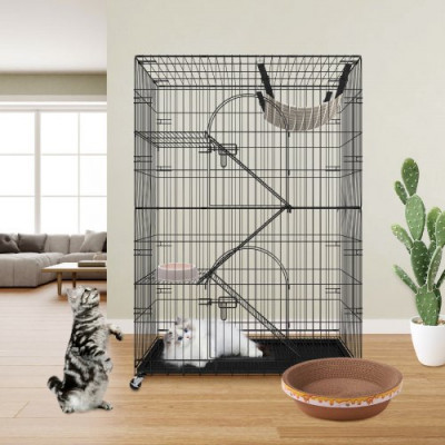 VEVOR Jaula para Gatos 4 Niveles 90x60x133 cm Jaula Grande con Ruedas Bloqueables Giratoria 360° Recinto Interior de Hierro Desmontable 3 Escaleras 1 Hamaca para 1-3 Gatos Pequeños Animales Conejos