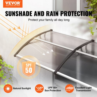 VEVOR Toldo para Puerta de Entrada 965x2975 mm Marquesina para Puerta Toldo para Ventana de Policarbonato Soporte de ABS Resistente UPF 50+ Protección Contra Rayos UV, Lluvia, Nieve, Transparente