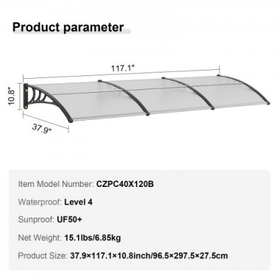 VEVOR Toldo para Puerta de Entrada 965x2975 mm Marquesina para Puerta Toldo para Ventana de Policarbonato Soporte de ABS Resistente UPF 50+ Protección Contra Rayos UV, Lluvia, Nieve, Transparente