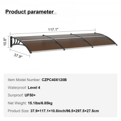 VEVOR Toldo para Puerta de Entrada 965x2975 mm Marquesina para Puerta Exterior Tejadillo de Protección Transparente de PC Soporte de ABS Resistente UPF 50+ Protección contra UV, Lluvia, Nieve, Marrón