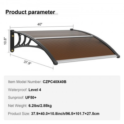 VEVOR Toldo para Puerta de Entrada 965x1017 mm Marquesina para Puerta Exterior de Policarbonato Toldo para Ventana Soporte de ABS Resistente UPF 50+ Protección contra Rayos UV, Lluvia y Nieve, Marrón