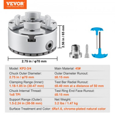 VEVOR Portabrocas de Torno φ70 mm Mandril de Torno de 4 Mordazas KP2-3/4 Mandril de Torneado de Madera Autocentrante con Llave en T y Accesorios para Tornos Mecanizado de Precisión Rectificado Fresado