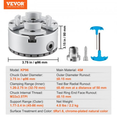 VEVOR Portabrocas de Torno Autocentrante φ 96 mm Mandril de Torno de 4 Mordazas Mandril de Torneado de Madera KP96 con Llave en T Accesorios para Torno Mecanizado de Precisión Rectificado Fresado