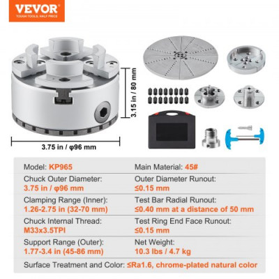 VEVOR Portabrocas para Torno φ 96 mm Mandril de Torno de 4 Mordazas KP965 Portabrocas para Torneado con 5 Mordazas y Llave en T Autocentrante para Tornos Mecanizado de Precisión Rectificado Fresado