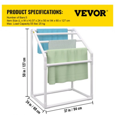 VEVOR Toallero Independiente de 5 Barras Toallero de Baño Blanco Toallero de PVC Carga de 25 kg Organizador de Servilletas Fácil de Montar Colgador de Toallas para Piscina Baño Spa Exterior Interior