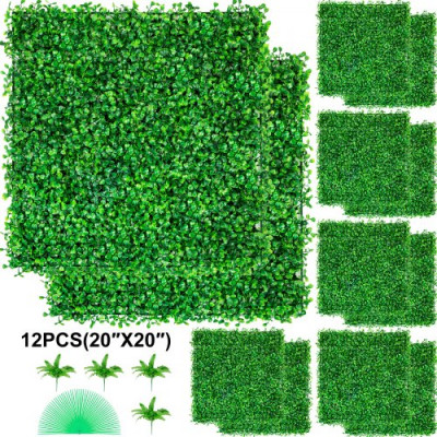 Hierba Artificial Verde de 12 Piezas 50,8 x 50,8 cm, Panel de Boj de Hiedra Artificial de Alta Densidad contra UV y 100% PE, Plantas Artificiales Decorativas para Pared, Jardines, Patio Trasero