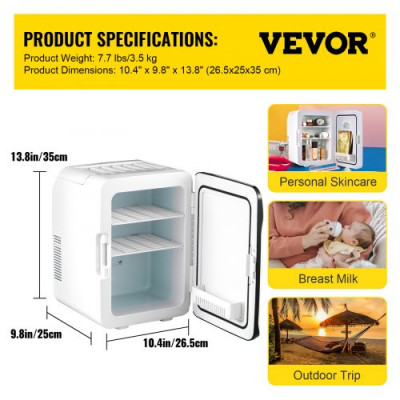 VEVOR Mini Nevera Pequeña Portátil 220 V/12 V 48 W 10 L Mini Refrigerador 26 x 25 x 35 cm Mini-Frigorífico Portátil Negro con Función de Frío y Calor para Maquillaje Cuidado la Piel Material ABS Coche