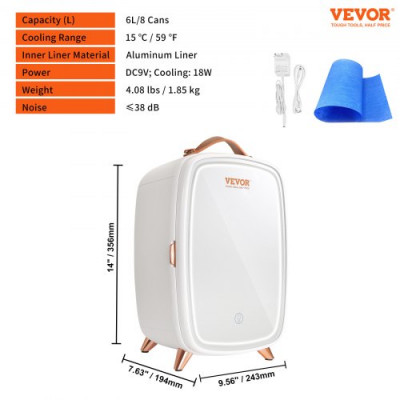 VEVOR Mini Nevera Pequeña Frigorífico Cosmético de 6 L 8 Latas de 330 ml Mini Refrigerador Portátil de Espejo Hd y Luz Led Temperatura de 15 °C