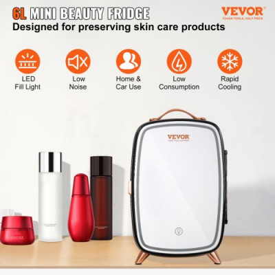 VEVOR Mini Nevera Pequeña Frigorífico Cosmético de 6 L 8 Latas de 330 ml Mini Refrigerador Portátil de Espejo Hd y Luz Led Temperatura de 15 °C