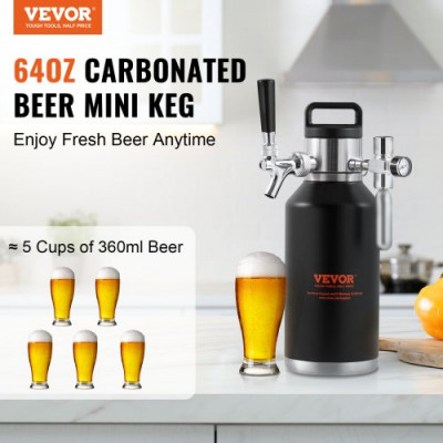 VEVOR Mini Barril de Cerveza Portátil 1,89 L Mini Barril Presión Ajustable 0~30 PSI de Acero Inoxidable Sistema de Grifo Aislado a Presión para Mantener Cerveza Carbonatada Fresca para Camping Pícnic