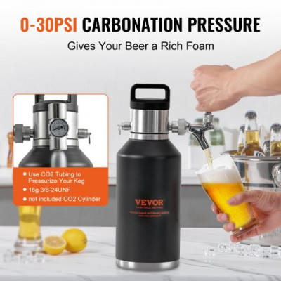 VEVOR Mini Barril de Cerveza Portátil 1,89 L Mini Barril Presión Ajustable 0~30 PSI de Acero Inoxidable Sistema de Grifo Aislado a Presión para Mantener Cerveza Carbonatada Fresca para Camping Pícnic