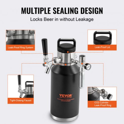 VEVOR Mini Barril de Cerveza Portátil 1,89 L Mini Barril Presión Ajustable 0~30 PSI de Acero Inoxidable Sistema de Grifo Aislado a Presión para Mantener Cerveza Carbonatada Fresca para Camping Pícnic