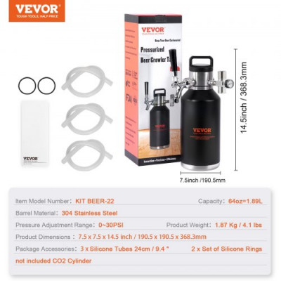 VEVOR Mini Barril de Cerveza Portátil 1,89 L Mini Barril Presión Ajustable 0~30 PSI de Acero Inoxidable Sistema de Grifo Aislado a Presión para Mantener Cerveza Carbonatada Fresca para Camping Pícnic