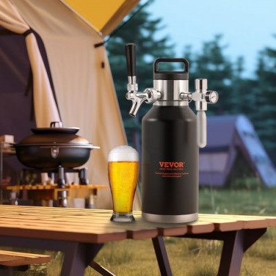 VEVOR Mini Barril de Cerveza Portátil 1,89 L Mini Barril Presión Ajustable 0~30 PSI de Acero Inoxidable Sistema de Grifo Aislado a Presión para Mantener Cerveza Carbonatada Fresca para Camping Pícnic