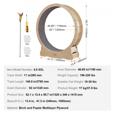 VEVOR Rueda de Ejercicio para Gatos Rueda de Correr Interior 1320 mm Rueda para Correr Alfombrilla Desmontable y Rompecabezas para Correr, Caminar y Entrenar Adecuado para la Mayoría de los Gatos