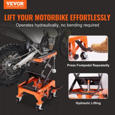 Plataforma Elevadora para Motocicletas 41,5 x 35 cm Elevador de Motos Hidráulicos de Tijera Capacidad de 200 kg Mesa Elevadora con 2 Ruedas Elevación de 340-905 mm para Taller Garaje, Naranja